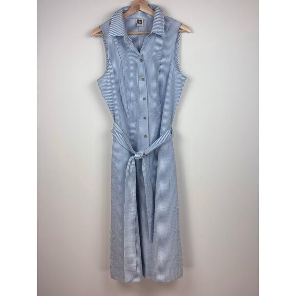 Anne Klein Dresses & Skirts - 👗 Anne Klein | Seersucker Midi Shirtdress | No Tag ~Size 8-10 | Blue & White